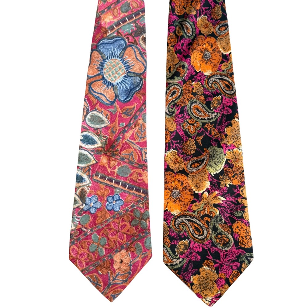 Lot- 2 Gitano Stefano Rossini Silk Neck Tie Mens Floral Paisley Vintage 90's